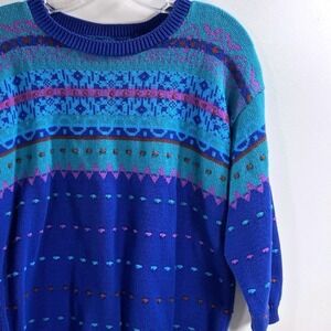 Vintage 90s Colorful Sweater Blue Multi Color Geometric Fair Isle Knit Crew Neck